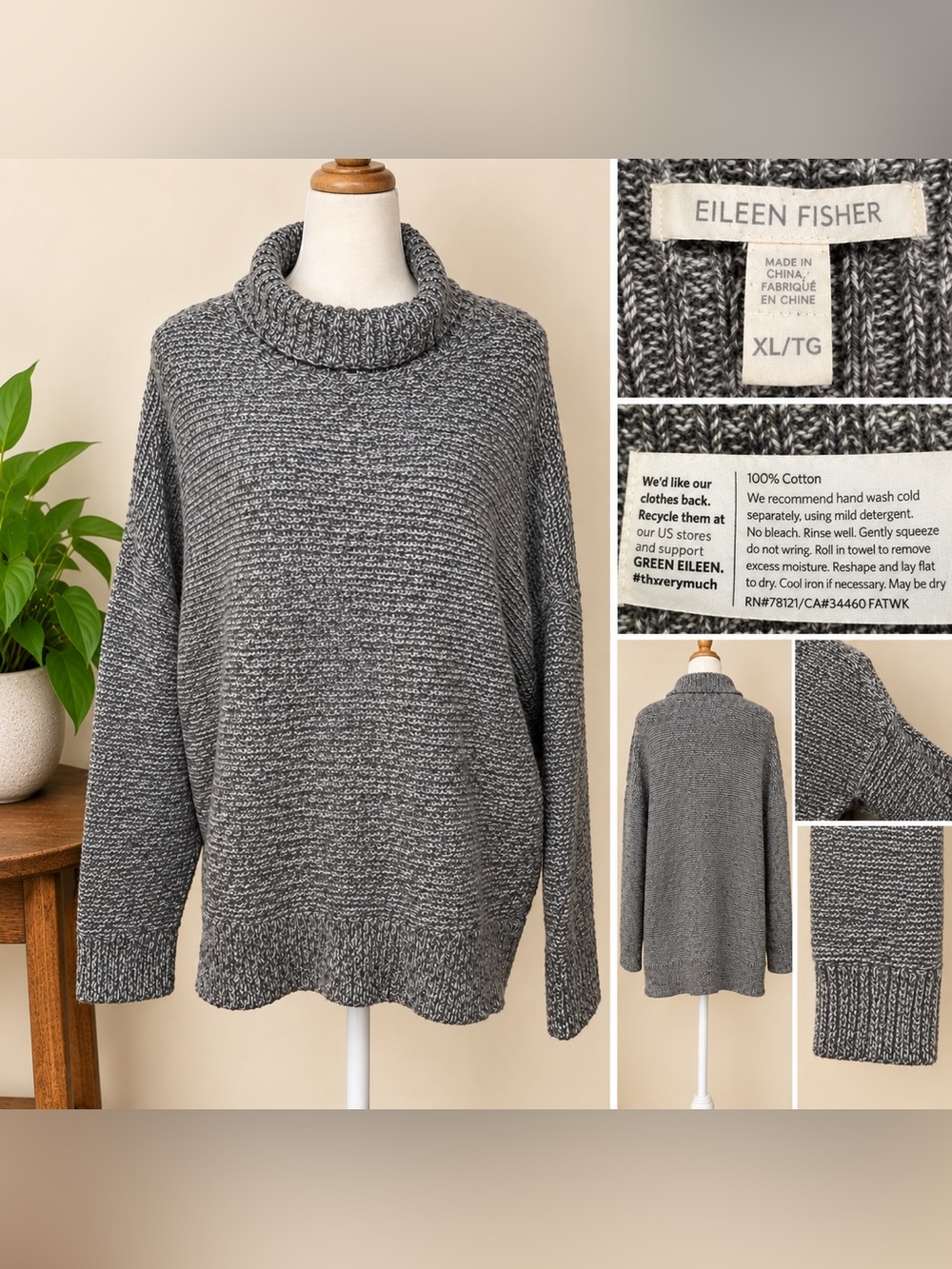 Eileen Fisher Sweater Size XL Gray Loose Turtleneck 100% cotton